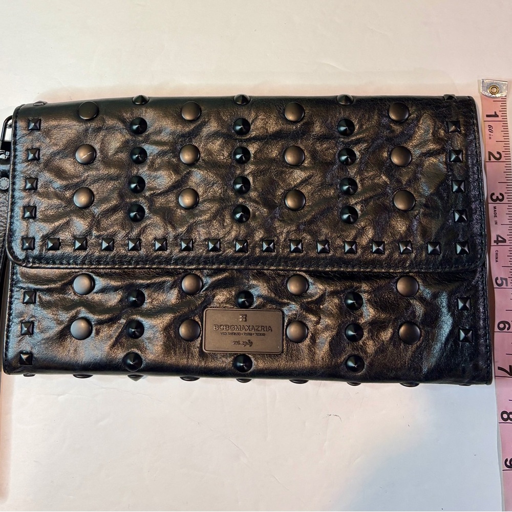 BCBGMaxAzria Black Studded Leather Fold-Over Clutch/Wristlet Rock Chic Bag - Picture 7 of 9